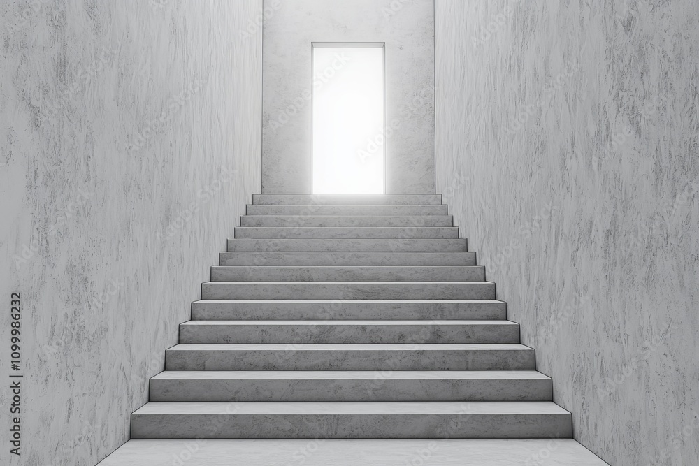 Fototapeta premium goal setting steps concept. Staircase leading to a bright, open doorway in a minimalist setting.