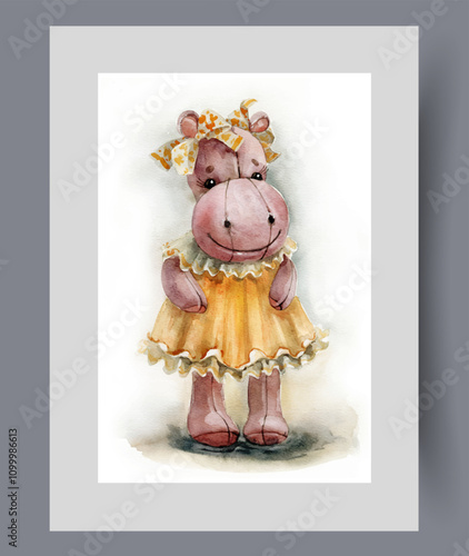 Plush toy in form of hippopotamus in little girl dress on wall art. Watercolor artwork. Print with retro plush hippo toy for kindergarten doll collection, in frame with decor for poster