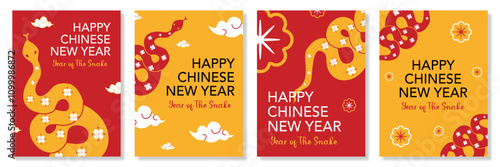 Lunar new year, Chinese new year 2025 and year of the Snake template set with zodiac snake and flower symbol illustration in red, yellow background, geometric cover design, card, poster, banner, flyer