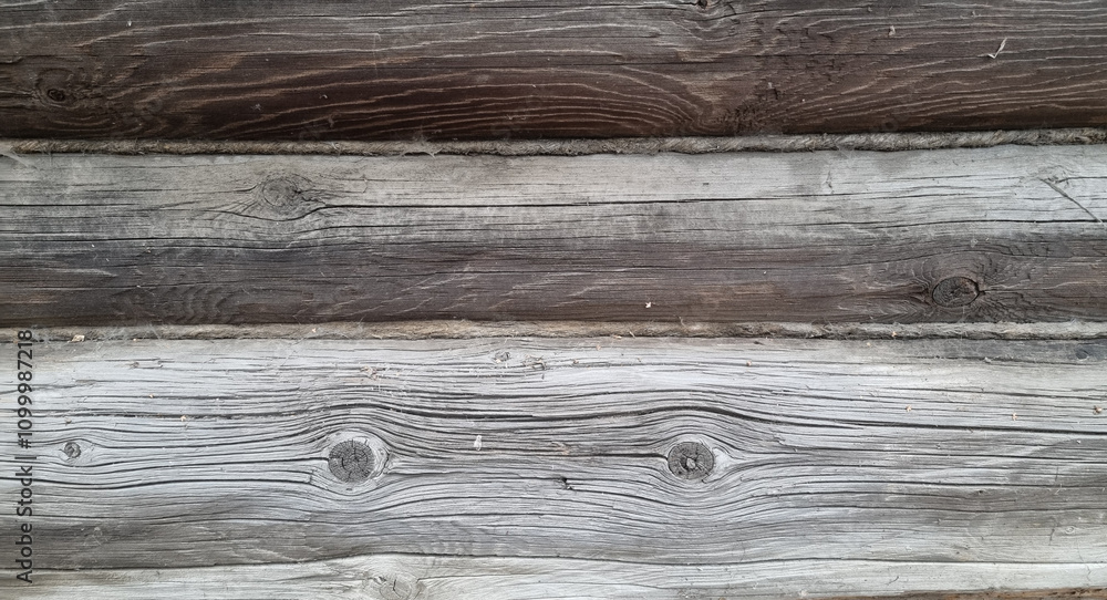 Obraz premium Log house wall. Wooden logs. Destroyed rotten wood.