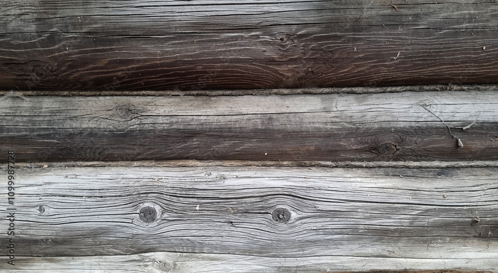 Obraz premium Log house wall. Wooden logs. Destroyed rotten wood.