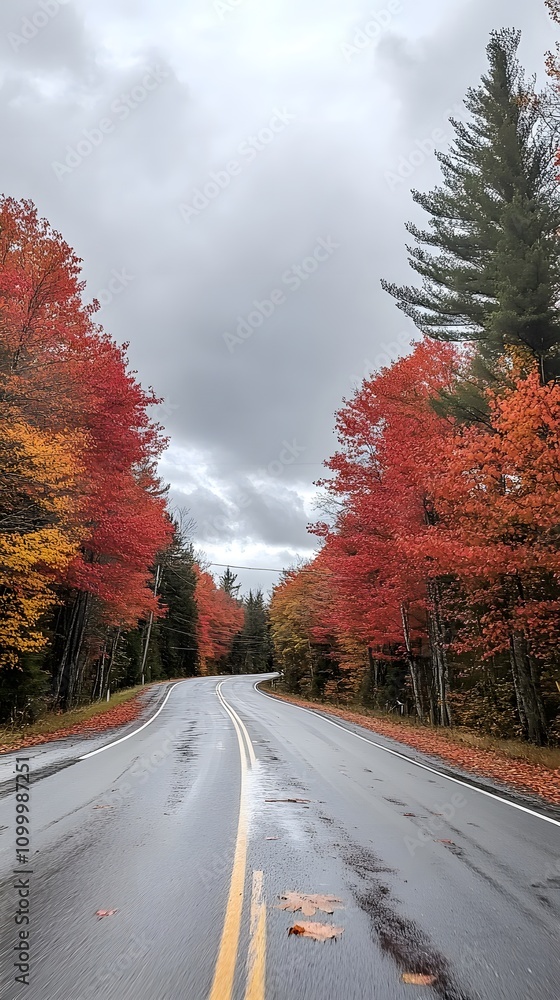 Obraz premium A picturesque autumn scene of an empty road lined with vibrant red and orange trees, showcasing the beauty of the fall foliage