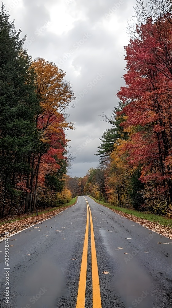 A picturesque autumn scene of an empty road lined with vibrant red and orange trees, showcasing the beauty of the fall foliage A picturesque autumn scene of an empty road lined with vibrant red and orange trees, showcasing the beauty of the fall foliage