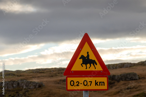 Traffic sign with a horse rider, Iceland photo