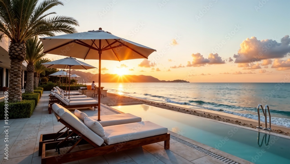Fototapeta premium Oceanfront hotel, luxury sun loungers and beach umbrellas, sunset view over the sea, holiday, vacation, trip to the sea or ocean, all inclusive 