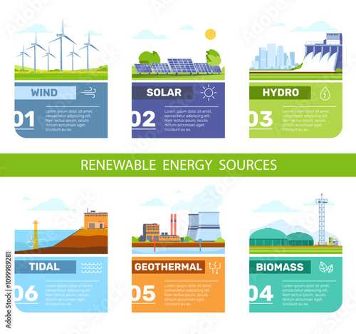 Energy sources infographic. Alternative renewable resources. Different eco friendly electricity generation types. Solar and wind generators. Water turbine. Vector diagram charts design