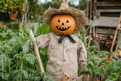 A cheerful scarecrow with a pumpkin head, dressed in a burlap shirt and straw hat, stands amidst lush greenery in a garden setting. photo