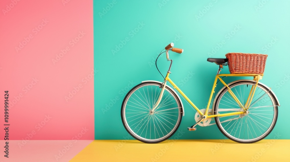 Fototapeta premium Retro Yellow Bicycle Against Vibrant Pink and Turquoise Background