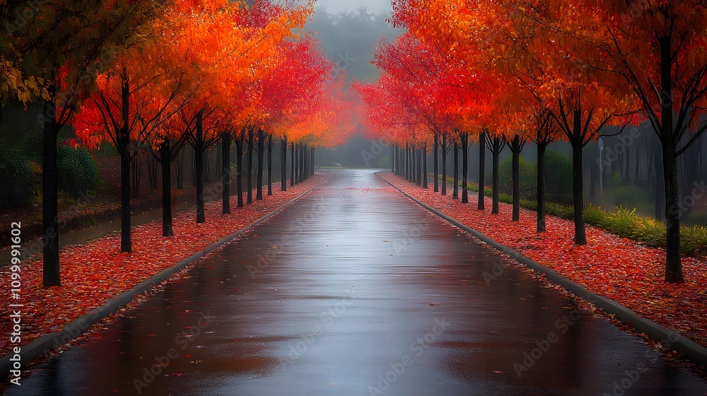 Fototapeta premium A picturesque autumn scene of an empty road lined with vibrant red and orange trees, showcasing the beauty of the fall foliage