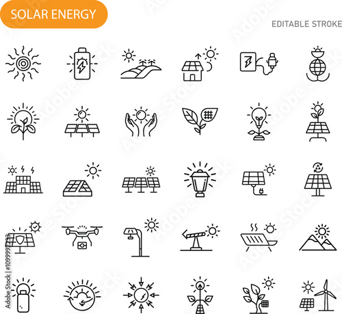 Solar Energy Icons Panels, Power, Sustainability, Renewable, Clean