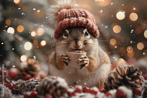 Cozy Winter Vibes: Squirrel with Hot Cocoa and Knit Hat Amidst Snowy Pinecones photo