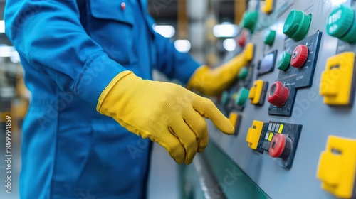 Close-up of a worker's gloved hands operating a safety control panel on a high-tech construction site, showing precision and care photo