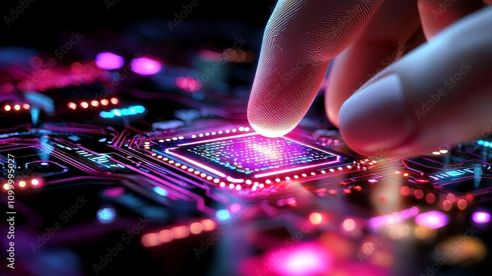 Naklejka premium Innovative Technology Interaction Finger Touching Circuits Close-up Digital Environment Abstract Concept