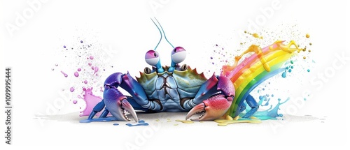 Crabs painting a rainbow in the white sky