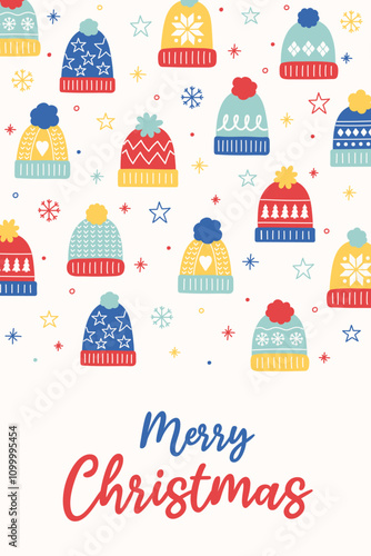 Christmas greeting card in retro style. Poster with hand drawn winter hats. Vector illustration