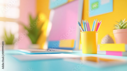 Wallpaper Mural vibrant workspace filled with colorful stationery, plants, and laptop creates inspiring atmosphere for creativity and productivity Torontodigital.ca