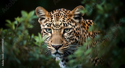 Leopard Peeking out of the Green Leaf Bushes, Wlidlife Animal Image, Predator Cat photo