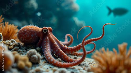 Engaging Underwater Interactions: The Playful Blue Ring Octopus Among a Diversity of Colorful Marine Creatures photo