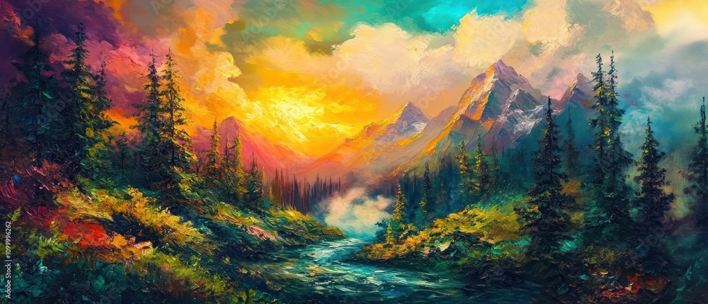 Fototapeta premium Majestic Mountain River Sunset Landscape Painting