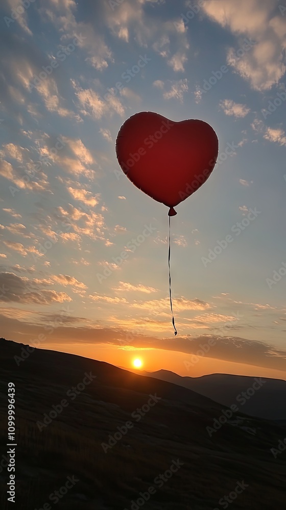 Fototapeta premium Heart Balloon Floating in Sunset Sky Over Mountains