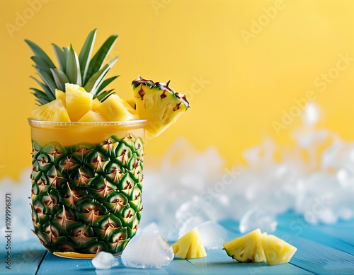 A pineapple and pineapple juice in a glass on a table photo