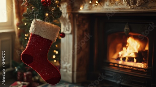 Red Christmas Stocking Hanging Near Fireplace