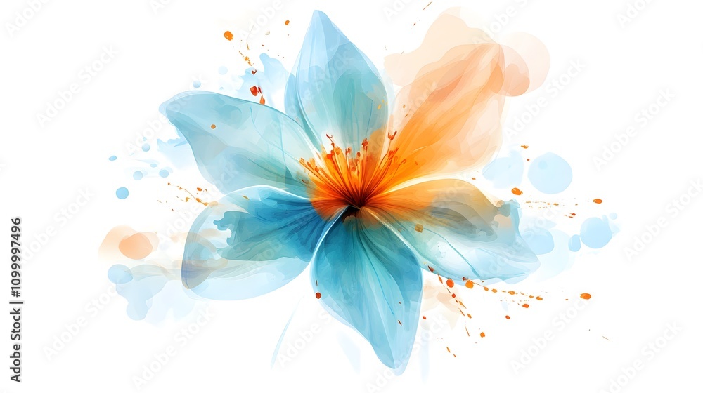 Fototapeta premium Abstract, colorful vector illustration of a flower with a splash background, in bright colors of light blue and orange, on a white background