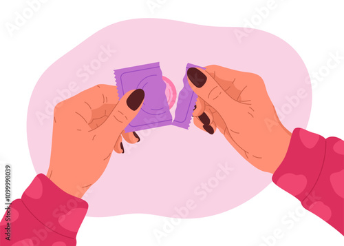 Female hands open condom package. Women's fingers holding condom package and tearing it. Concept of contraception, protection against infections and unwanted pregnancy, safe sex. Vector illustration