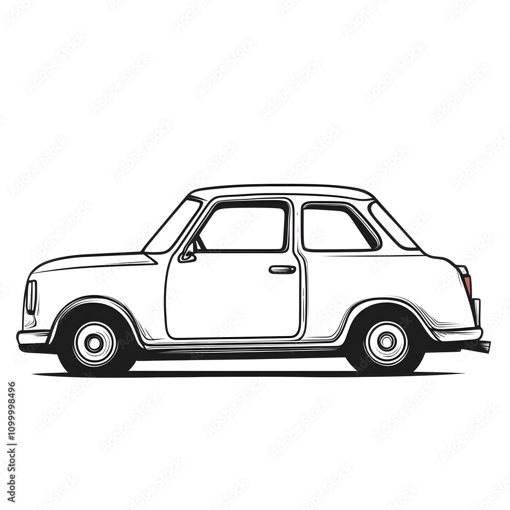 Fototapeta premium A vector graphic logo features a cute black-and-white car drawn like a child's drawing, with minimal details and minimal appearance.