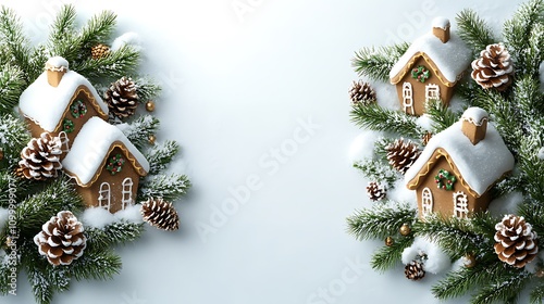 Festive Christmas postcard border with cartoon gingerbread houses, icing decorations, and snowflakes on a white background 