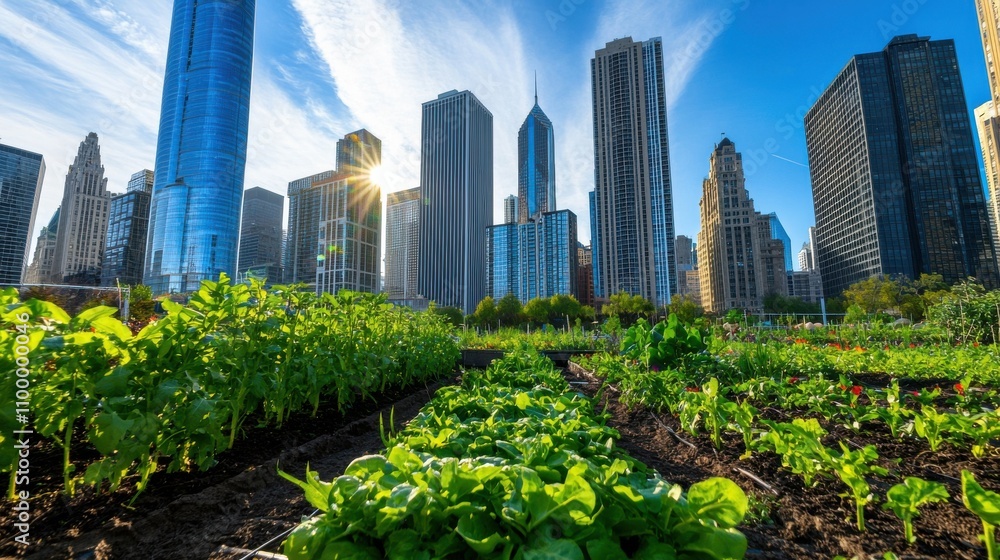 Fototapeta premium Lush Urban Greenery Amid Towering Skyscrapers in Vibrant Modern City
