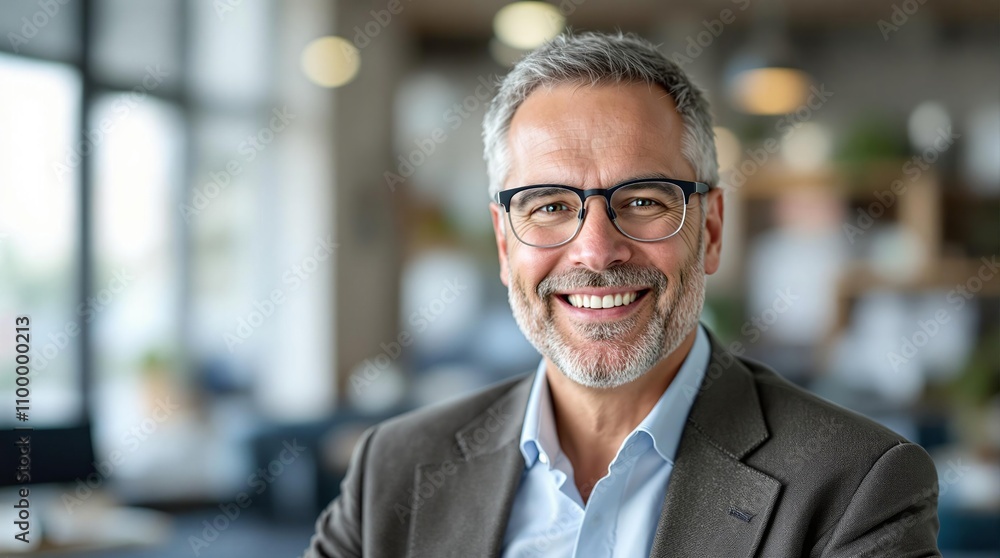 Obraz premium Happy middle aged professional business man, smiling mature executive ceo manager, 45 years old male entrepreneur, confident business owner wearing glasses in office. Headshot portrait