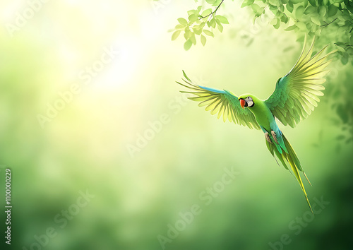 A vibrant green background with a flying parrot, vivid feathers in motion. Subtle pigeons blend into the scene, creating a tranquil and detailed atmosphere photo