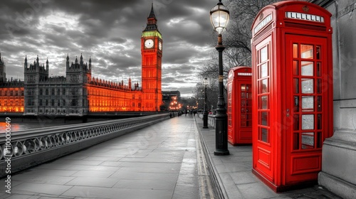 Illuminated Big Ben and Houses of Parliament with red phone booths at dusk.