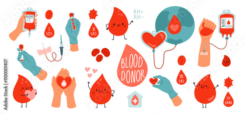 Blood donor elements. Charitable assistance to patients. Group and RH factor. Red drops. Love hearts with falling droplets. Hands in medical gloves. Voluntary donation. Garish vector set