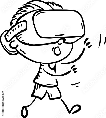 Outline cartoon boy wearing a VR headset, doodle kid using virtual reality glasses. Children using digital technology