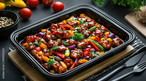 A black baking dish with pieces of meat, colorful peppers, and red onion in an Asian-style sauce. The pan is on the table next to some cherry tomatoes, a fork and knife, and a wooden board, all in nat