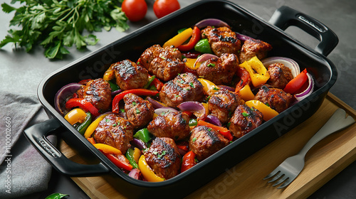 A black baking dish with pieces of meat, colorful peppers, and red onion in an Asian-style sauce. The pan is on the table next to some cherry tomatoes, a fork and knife, and a wooden board, all in nat