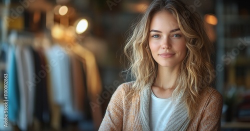 a beautiful blonde business woman in her women clothing store photo