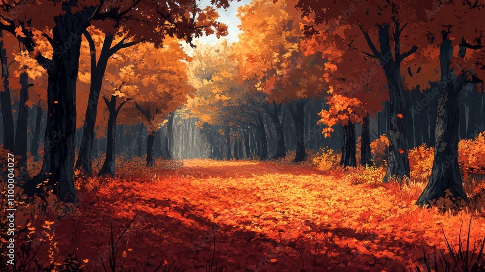 Fototapeta premium Autumnal Forest Path Golden Leaves Scenic View