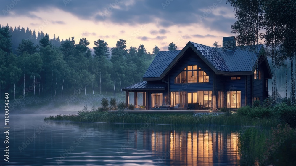 Fototapeta premium Stunning 3D Visualization of a Contemporary Riverfront Chalet at Dusk