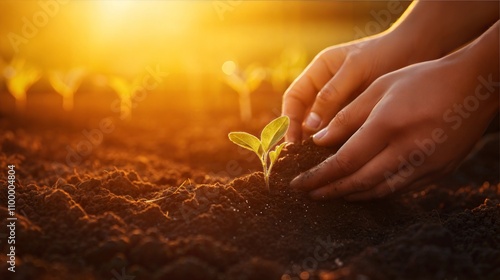 Farmer Planting Seedling in Soil - Cultivating Growth for Sustainability and Agriculture photo