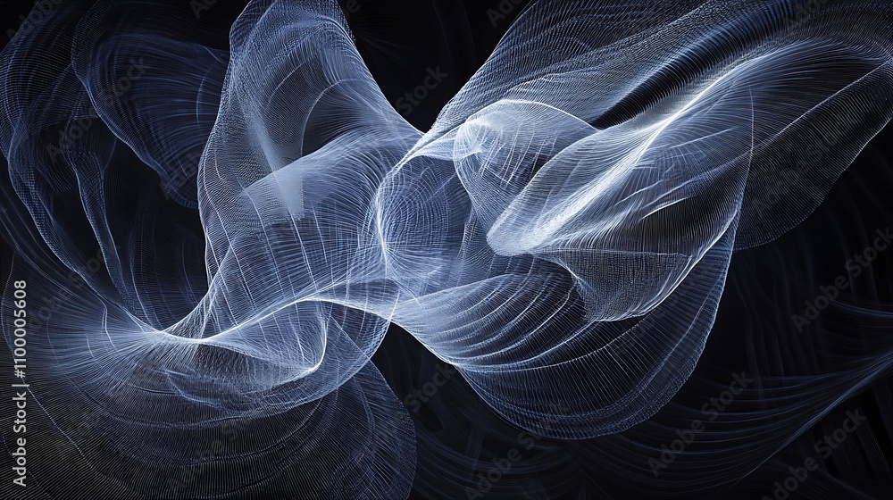 Fototapeta premium Abstract flowing light gray lines on black background.