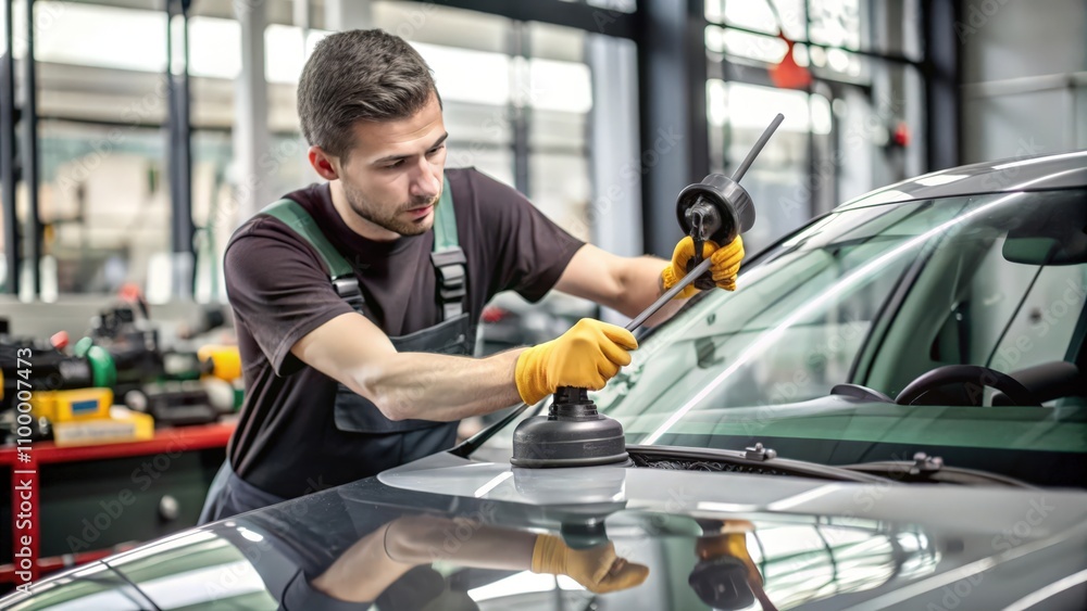 A Mechanic Replacing a Windshield on a Car