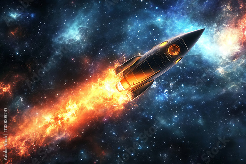 Wallpaper Mural A rocket launches into space, emitting fiery trails against a cosmic backdrop. Torontodigital.ca