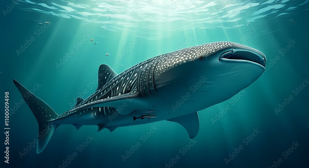 Obraz premium Spotted Whale Shark Swimming through the Sea or Ocean, Blue Water with Sunlight Beems Streaming.