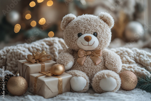 A soft, light beige teddy bear sitting against a cozy winter decor. Beautifully wrapped gifts tied with golden ribbons and Christmas balls with a shiny texture are placed next to the toy.  