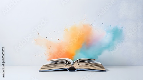 Watercolor art of an open book with words forming a colorful rainbow of languages photo