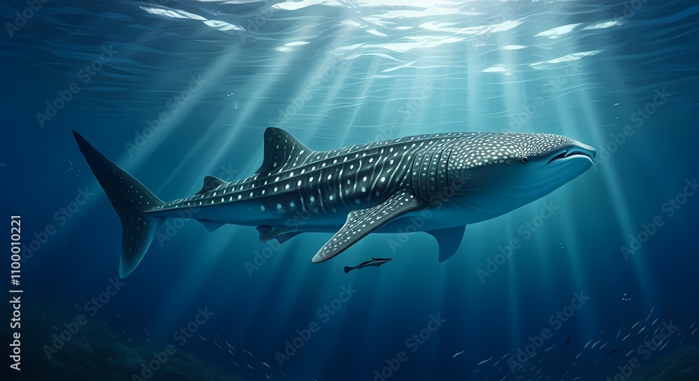 Obraz premium Spotted Whale Shark Swimming through the Sea or Ocean, Blue Water with Sunlight Beems Streaming.
