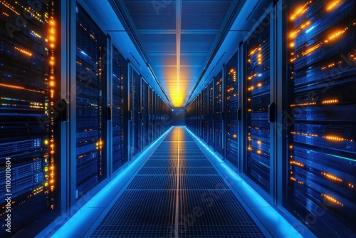 Network servers illuminated in a data center corridor at night showcasing vibrant technology photo